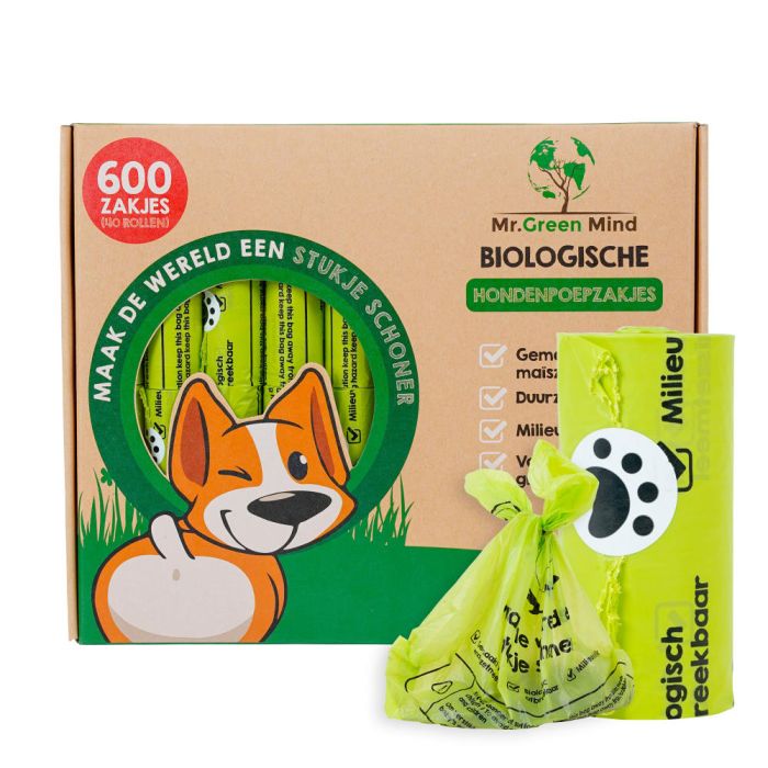 600st BIO groen hondenpoepzakjes mr. Green Mind Bio groen doos van 600 stuks 40 rollen à 15 zakjes (8713631204137)