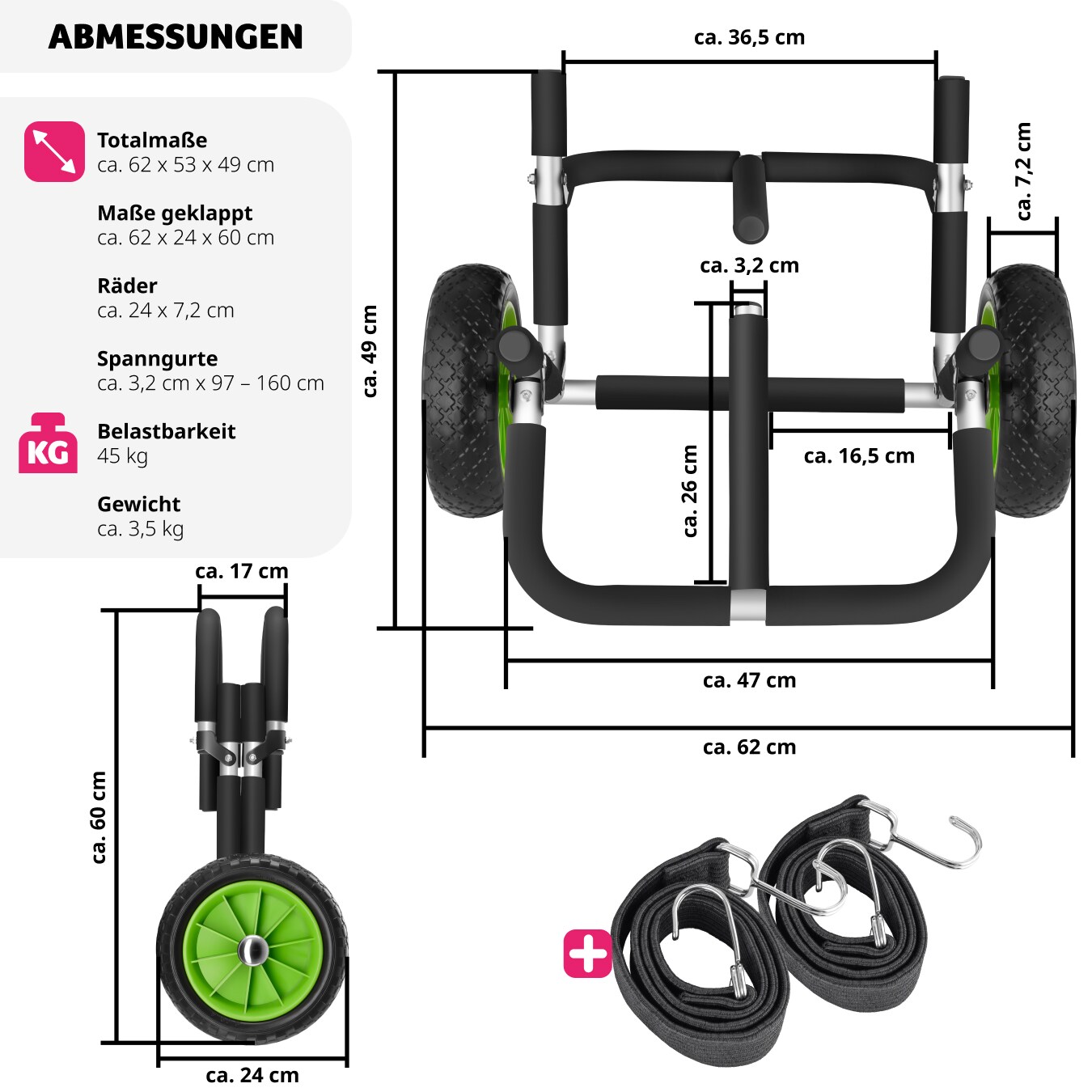 tectake® Surfboard Transportwagen, klappbar, für bis zu 2 Boards, Schaumstoffpolsterung, inkl. 2 Sicherungsgurte, 62 x 53 x 49 cm