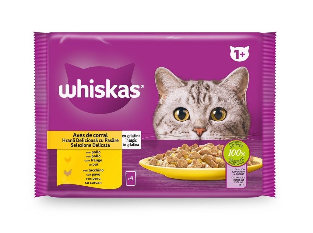 COMIDA HÚMIDA PARA GATO WHISKAS AVES 4X85G