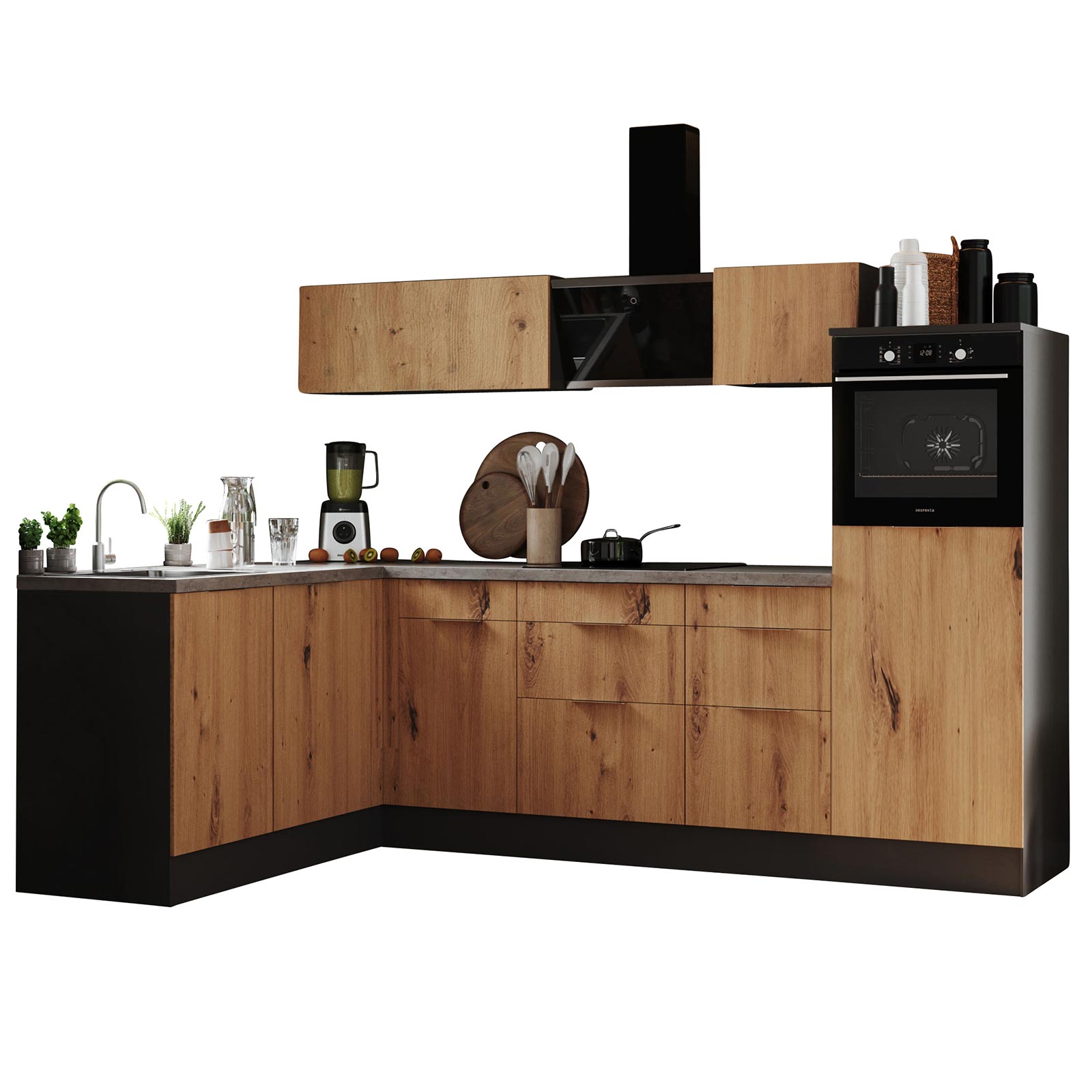 RESPEKTA Winkelküche - Artisan Eiche - grau matt - mit E-Geräten - 280x175 cm