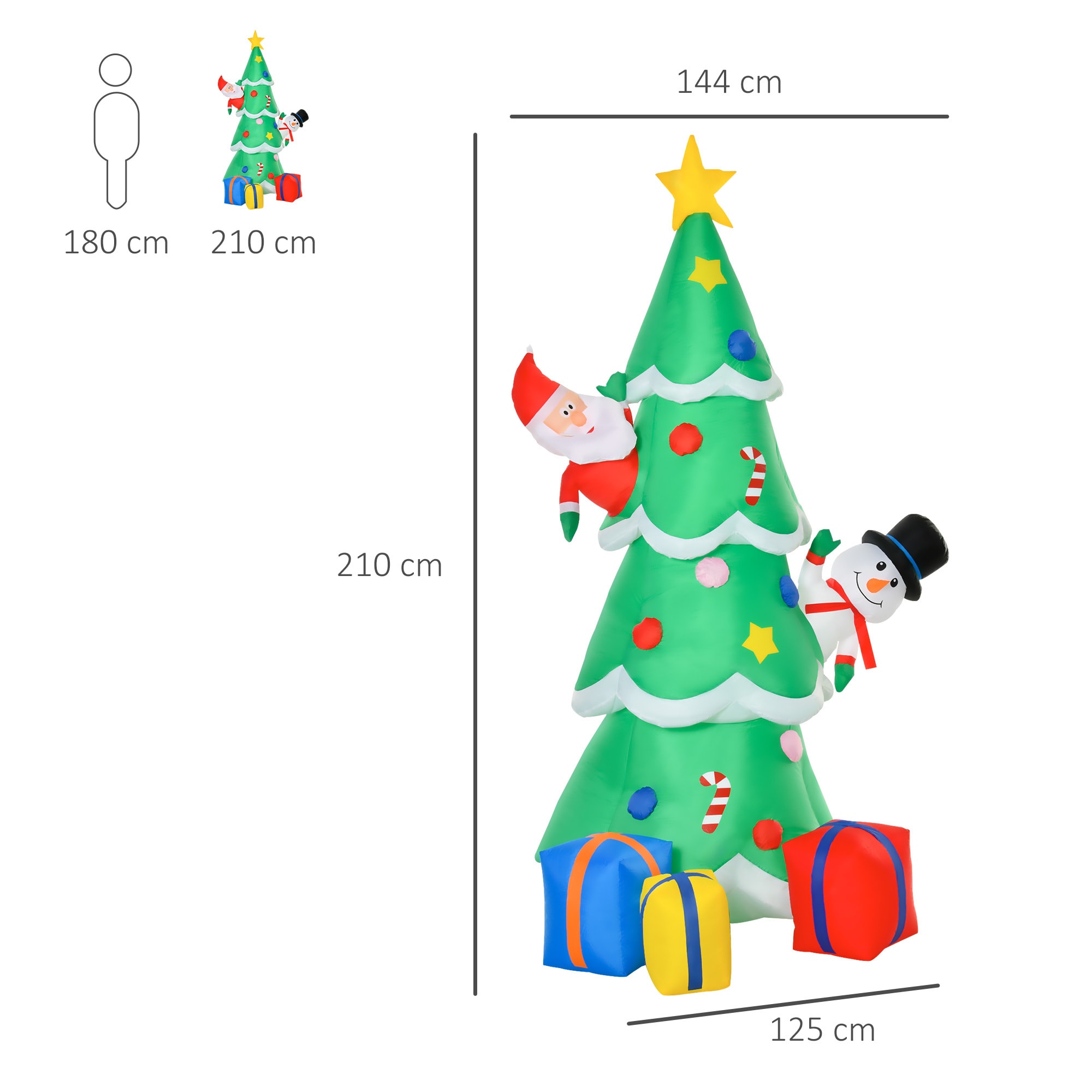 HOMCOM Aufblasbarer Tannanbaum mit Schneemann, Weihnachtsmann und Geschenken Grün 144 x 125 x 210 cm (BxTxH)