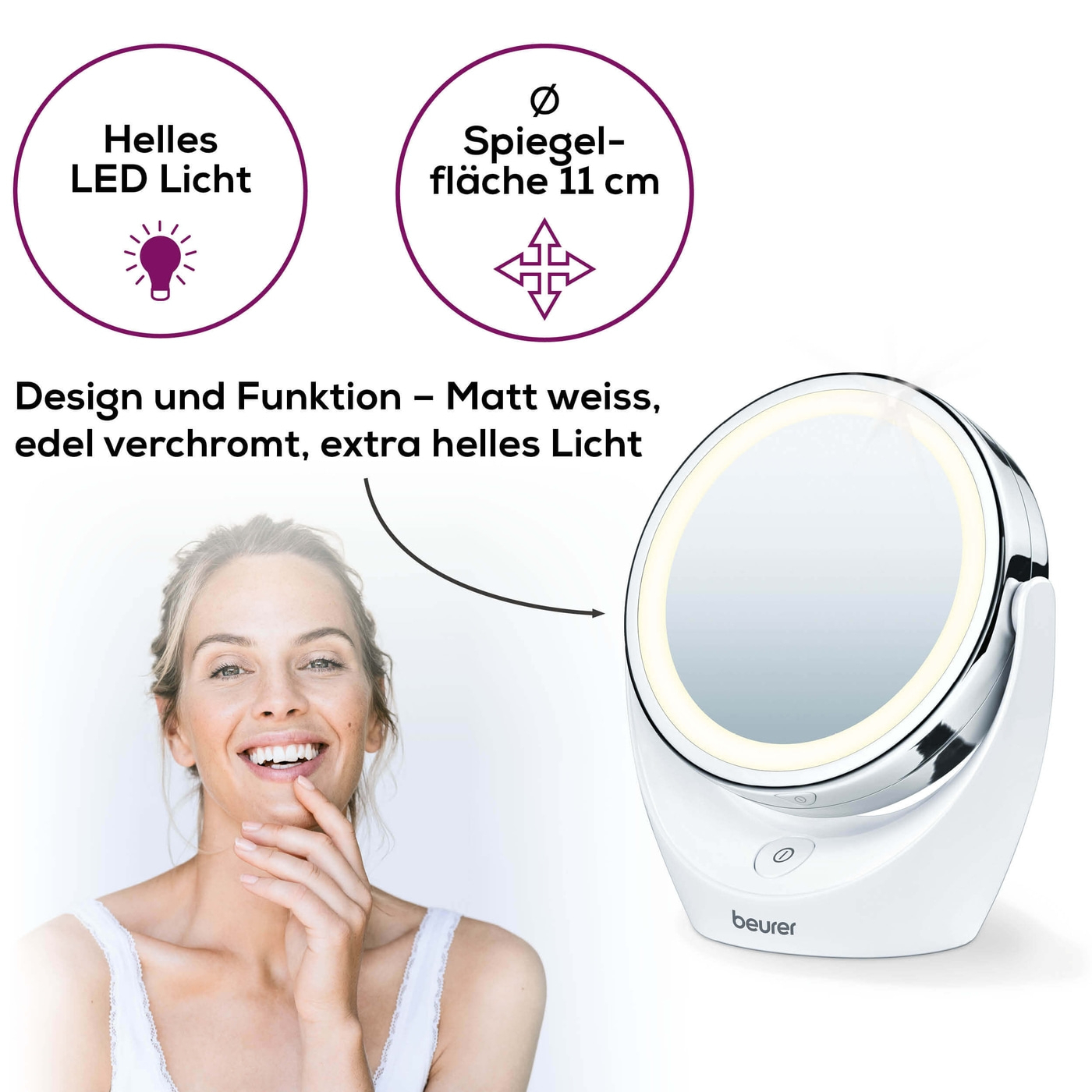 BS 49 Beleuchteter Kosmetikspiegel LED Standspiegel Doppelseitig Batteriebetrieben (58401) - Weiss / Silber