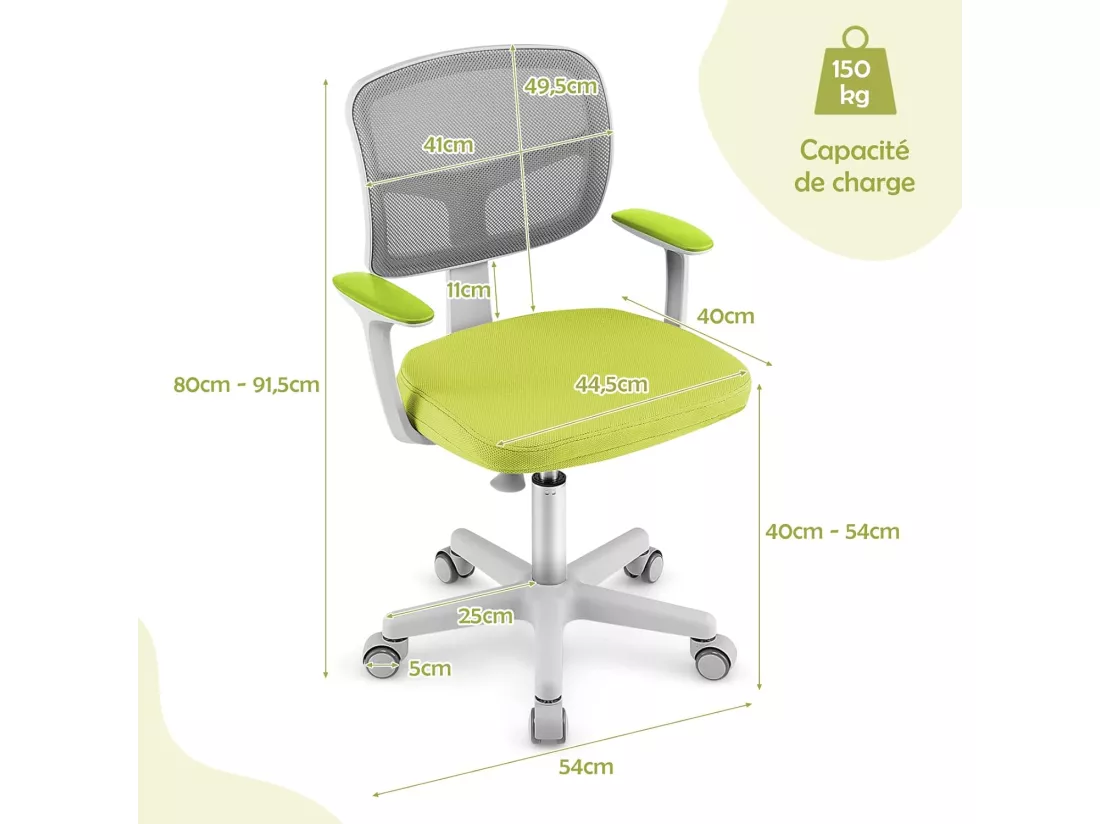 Chaise de Bureau Pivotante Enfants avec Hauteur Réglable 80-91,5cm, Siège à Roulettes Enfants Coussin Amovible, Verrouillage Automatique, 3-10 Ans, Vert