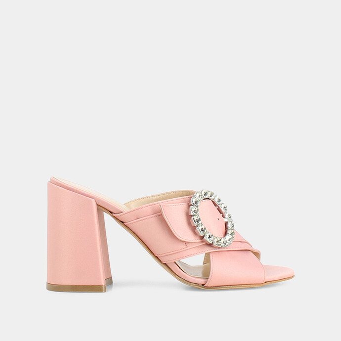 Mules en textile rose  à boucle et talon