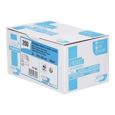 GPV - 200 Enveloppes DL 110 x 220 mm - 90 gr - fenêtre 45x100 mm - blanc - bande adhésive ouverture rapide