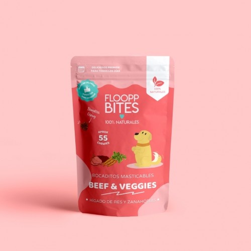 FlooppBITES petiscos macios e naturais com sabor de carne e vegetais e sonhos doces para cães.