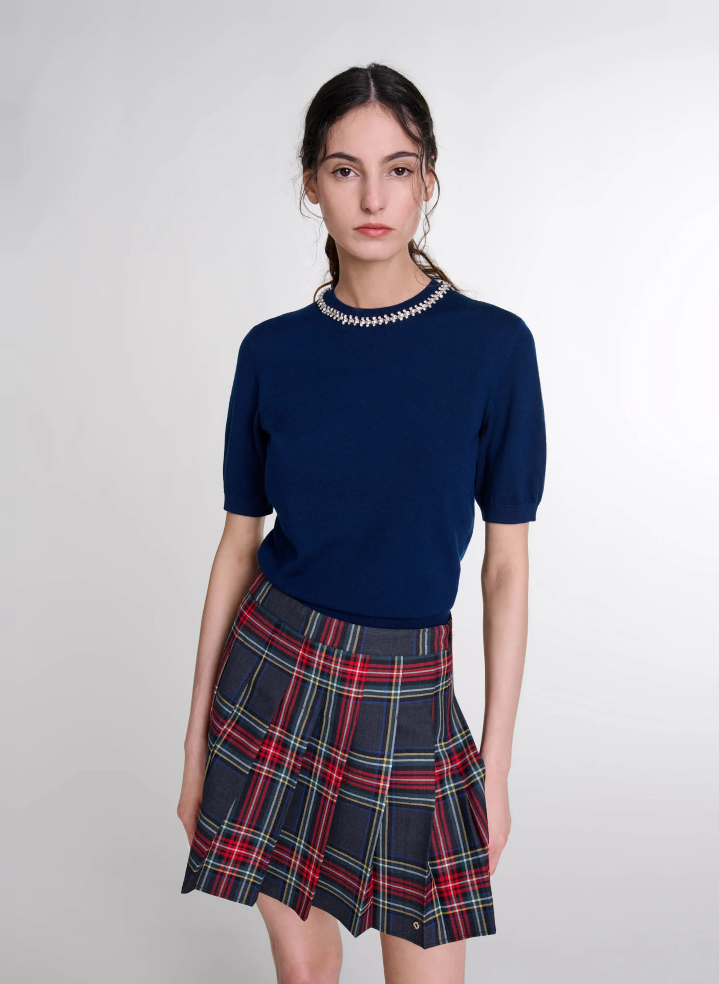 Top droit col rond à strass en laine mélangée | Bleu