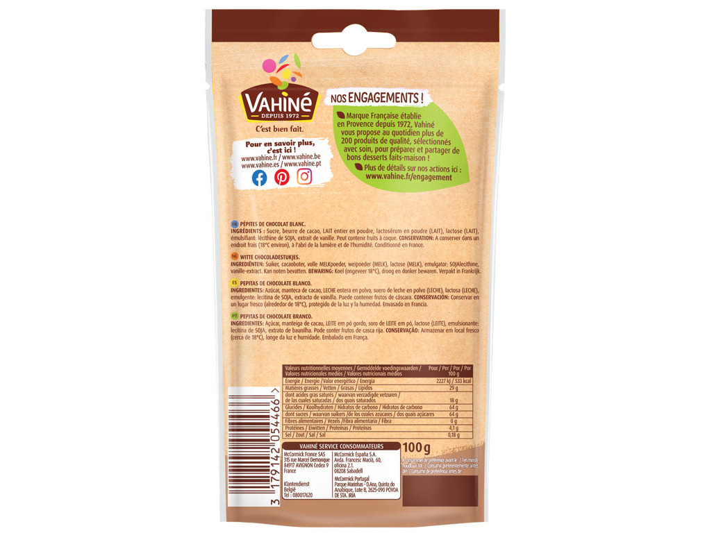 PEPITAS VAHINÉ CHOCOLATE BRANCO 100G