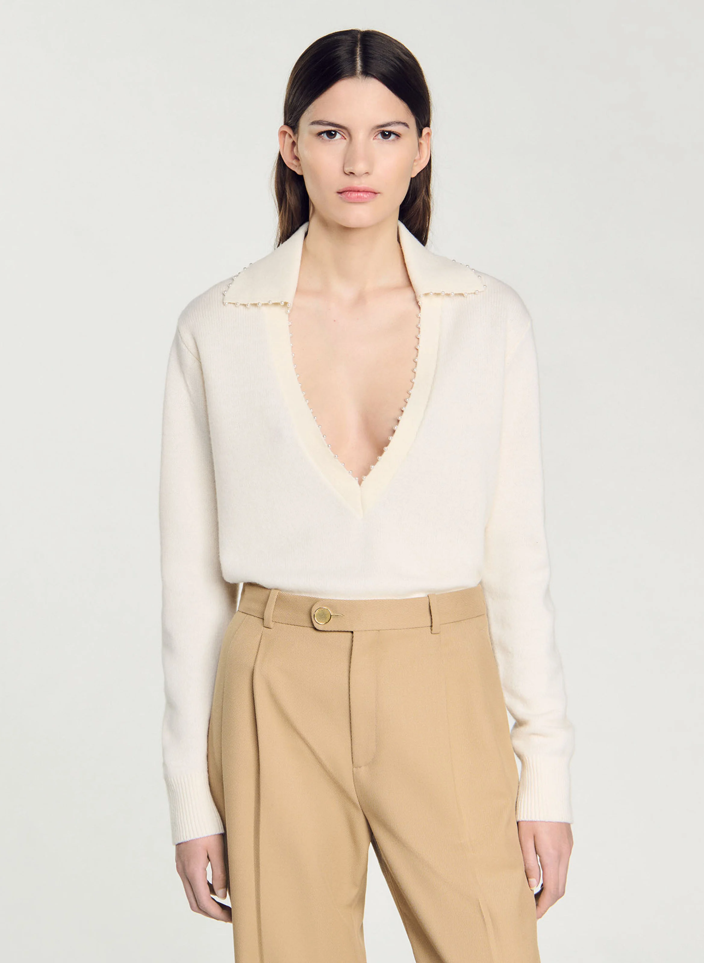 Pull ample col polo en laine| Blanc