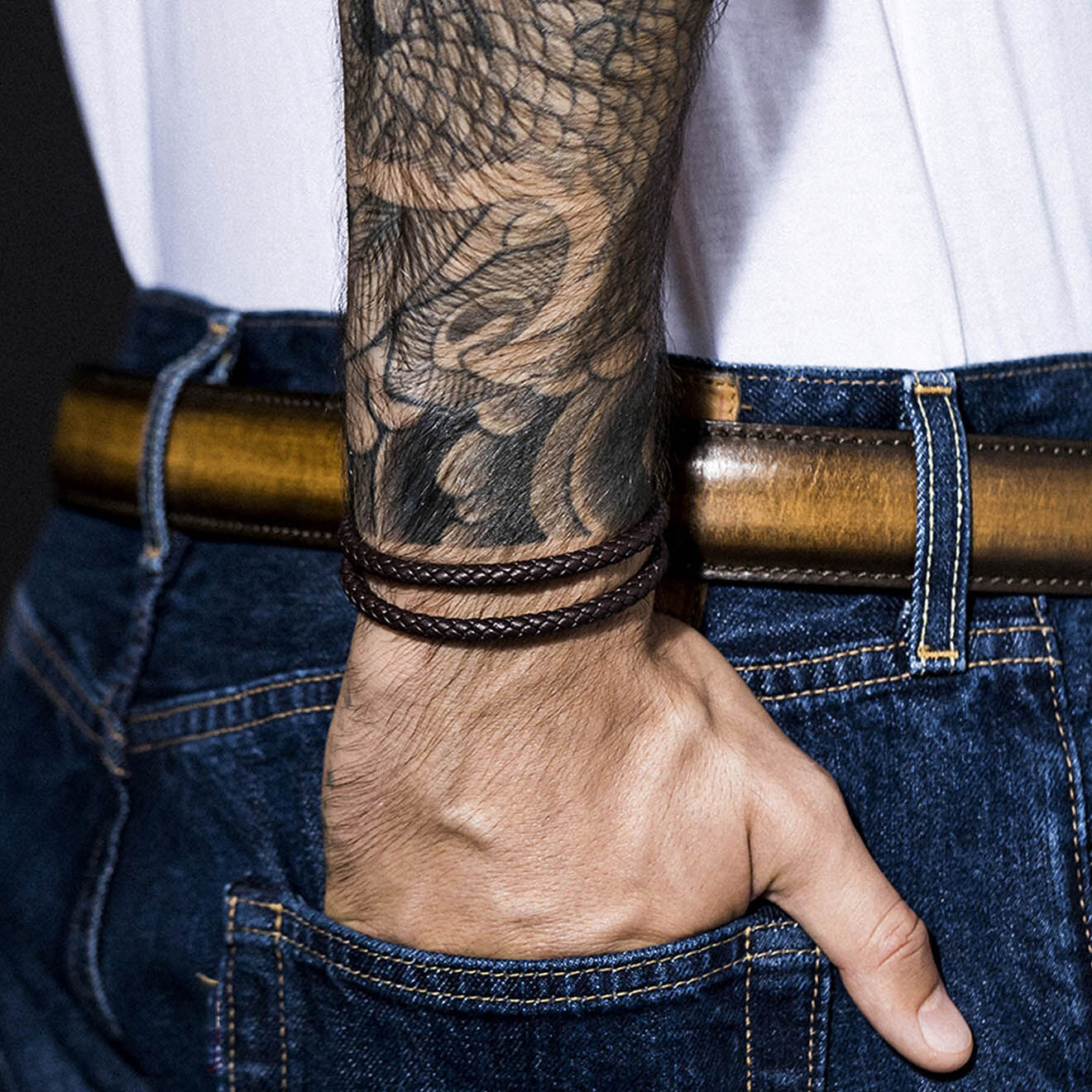 Jacobson Bracelet double Hooks en Acier & Cuir marron