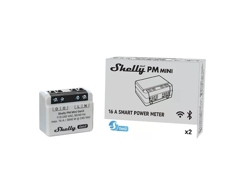 Shelly WLAN-Leistungsmesser PM Gen3, 2 Stück WLAN-gesteuertes, intelligentes Energiemessgerät, 1 Kanal, 16 A
