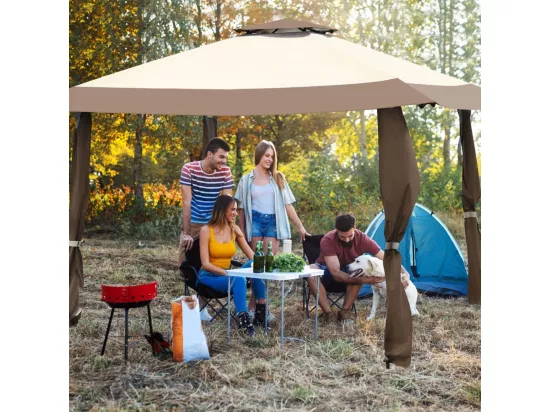 Tonnelle Barnum de Jardin Pliante Pop-up 3,95x3,95M 2 Toit Ventilés Tissu et velours Oxford 3 Hauteurs Réglable Sac de Rangement（Marron)