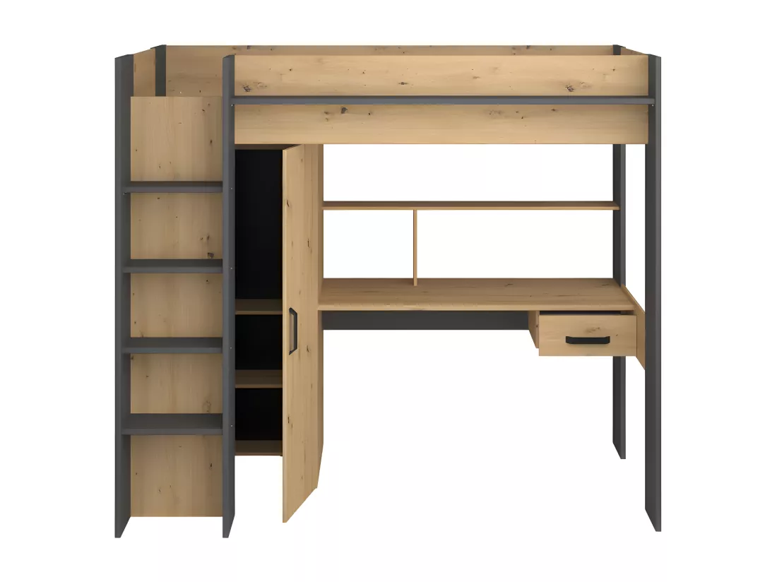 Lit mezzanine avec bureau et armoire - 90 x 200 cm - Coloris : Naturel et anthracite - AUCKLAND