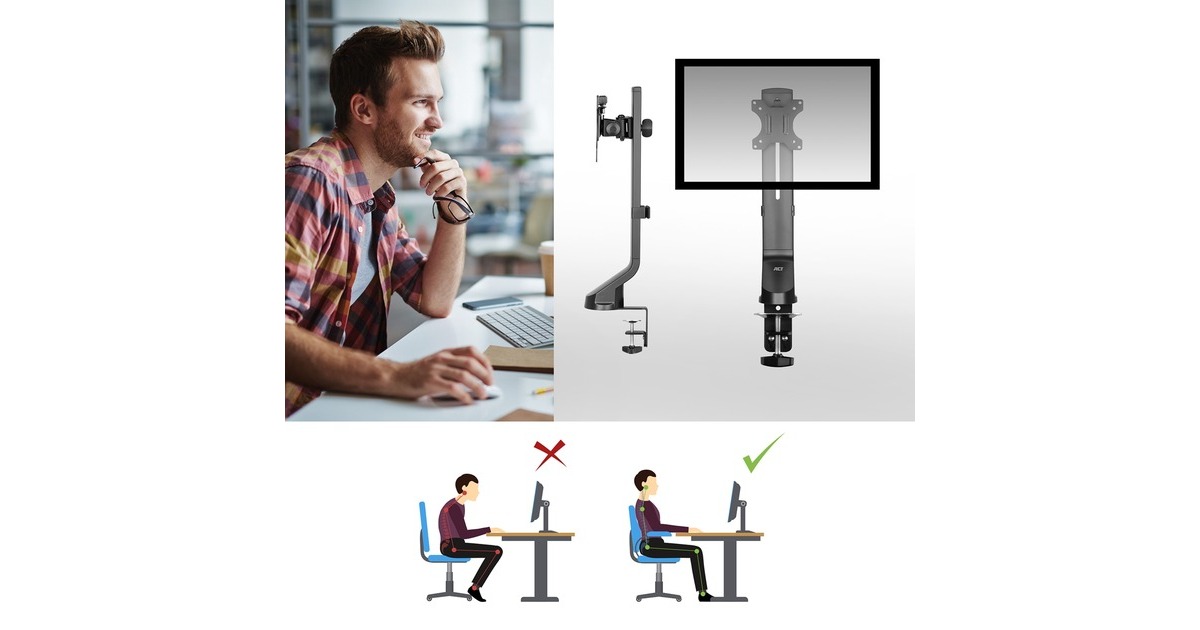 ACT ConnectivityMonitorarm office, 1 scherm, eenvoudig in hoogte verstelbaar  (Zwart)