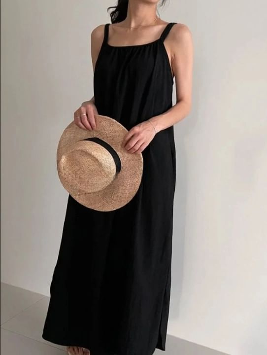 Seoulchic - Spaghettibandjes Effen Gerimpelde Losse Maxi-jurk
