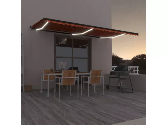 Auvent manuel rétractable avec LED 600x350 cm Orange et marron