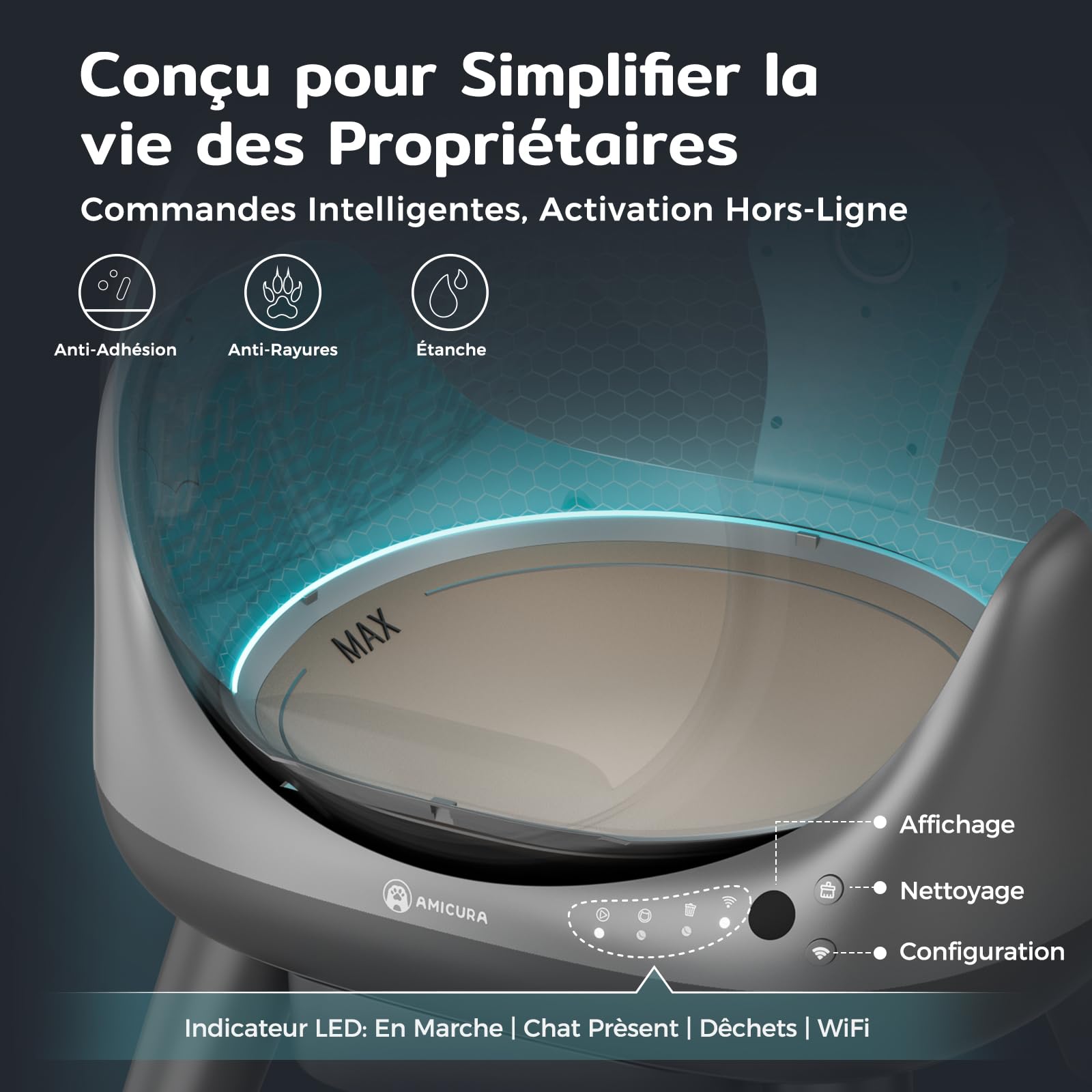 Amicura Cura X1 Litière Chat Autonettoyant avec Contrôle par Application,Capteur de Sécurité (Anti-Pinch), Anti-odeurs, Bac à Litière Autonettoyant, L