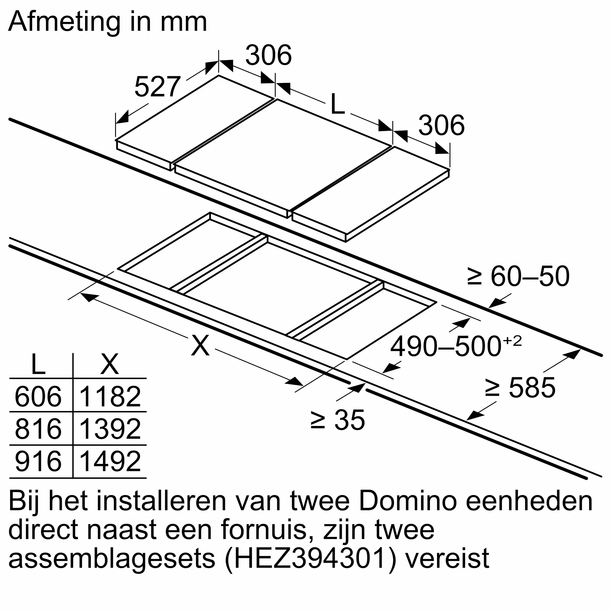 Serie 6 Domino kookplaat, inductie 30 cm opbouwmontage met rand