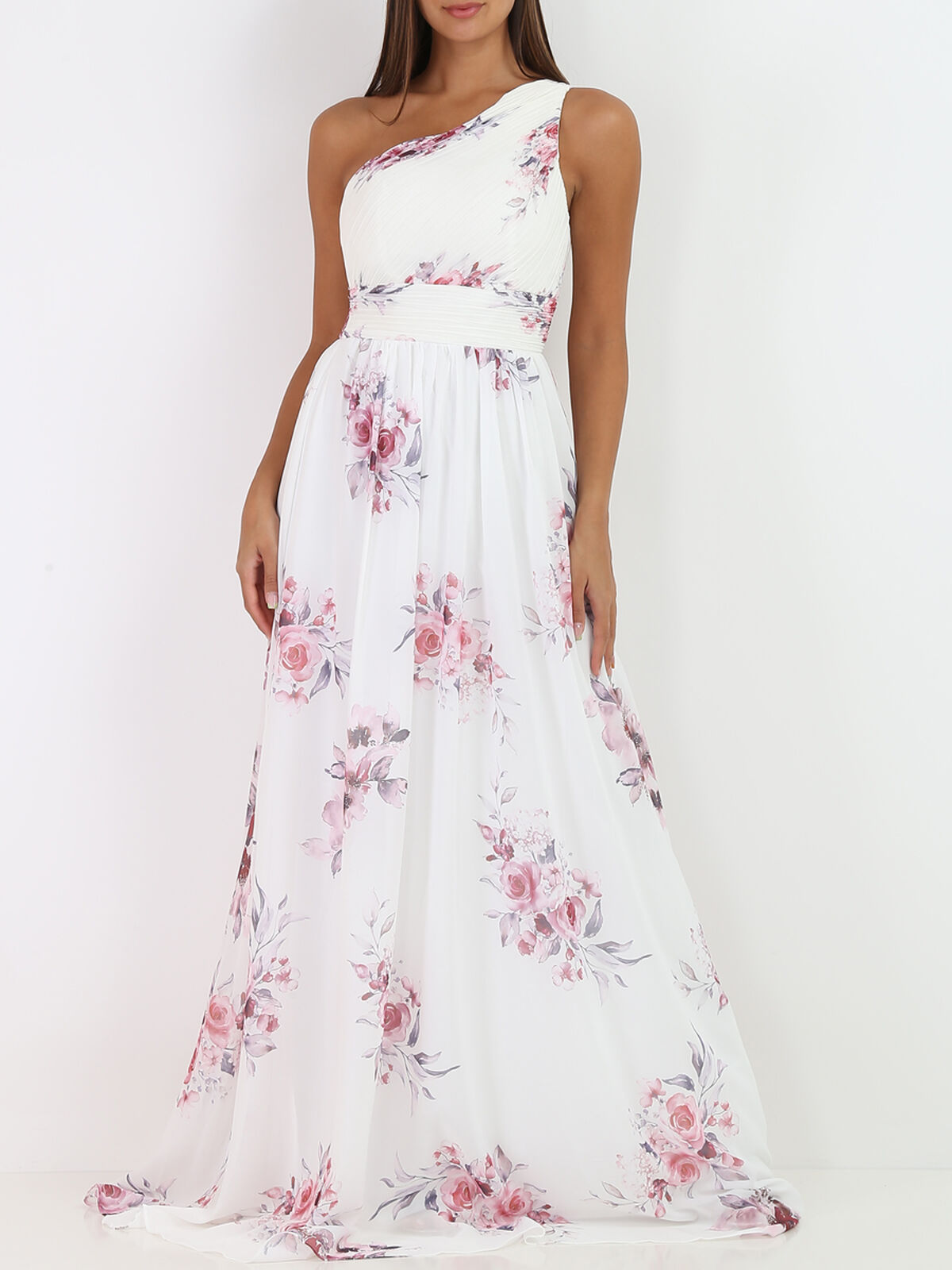 Robe longue asymétrique à fleurs- Blanc