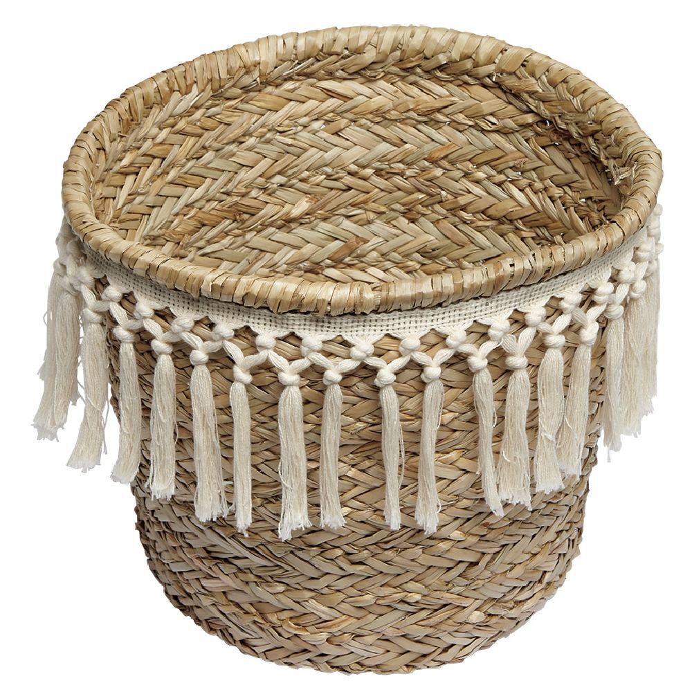 Panière ronde en jonc décor macramé Ø19 cm