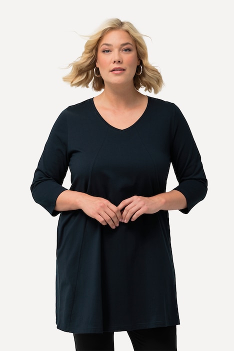 Longshirt, Ziernähte, A-Linie, V-Ausschnitt, 3/4-Arm