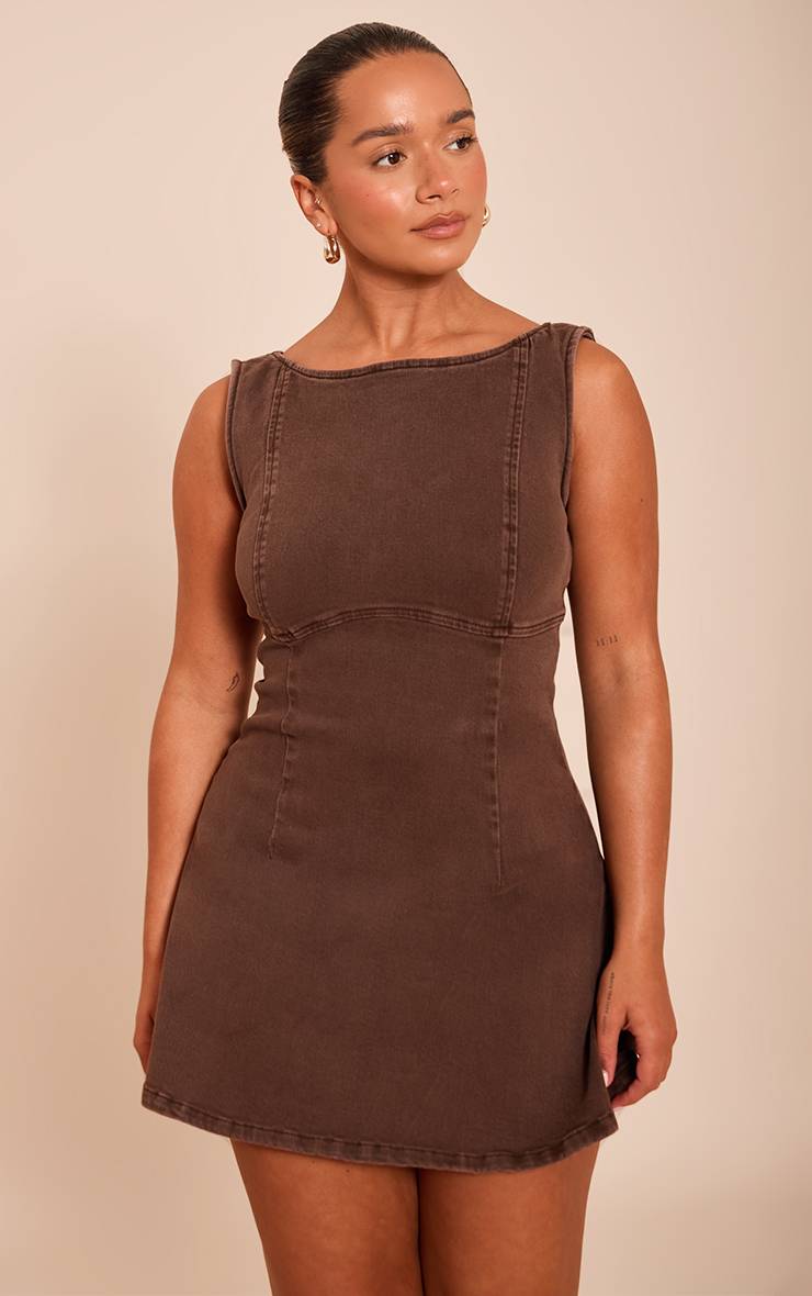Chocolat Robe Mini Évasée En Denim Stretch À Encolure Bateau Shape