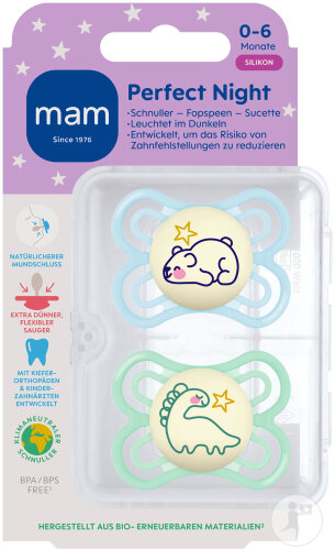 Mam Sucette Perfect Night Silicone Pure 0-6 Mois Bleu 2 Pièces