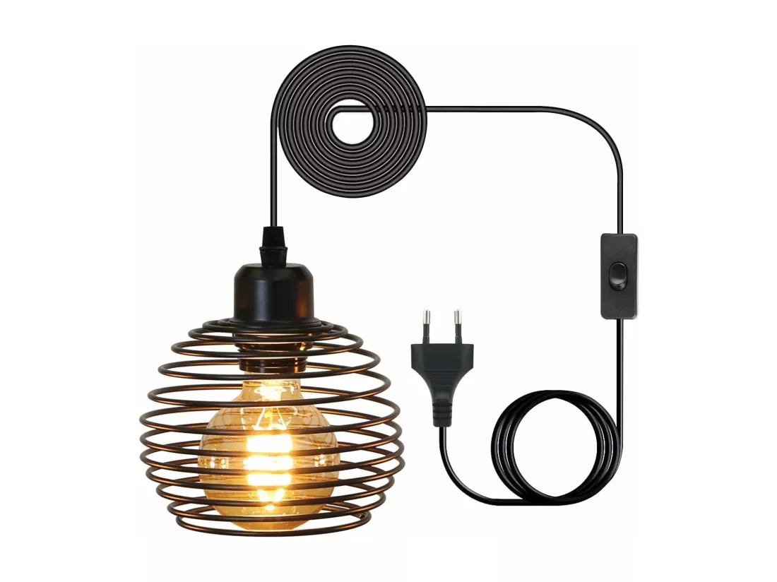 NETTLIFE Suspension E27 Noir Diam.15cm Vintage Conception à ressort Métal avec Prise et Interrupteur Rétro pour salon cuisine Max.40W