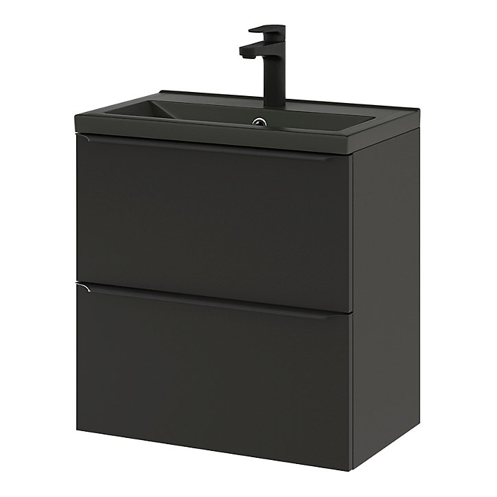 Ensemble salle de bains l.60 cm meuble à suspendre faible profondeur Imandra noir mat + plan vasque céramique noir