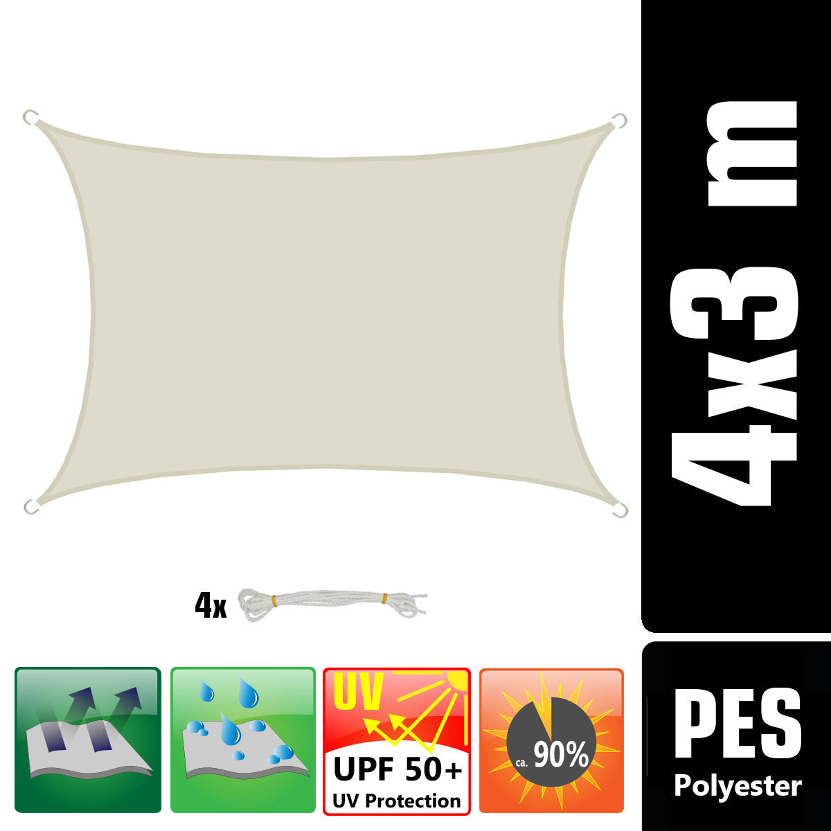 AMANKA 3 x 4 waterdicht schaduwdoek met bevestigingsset - Beige