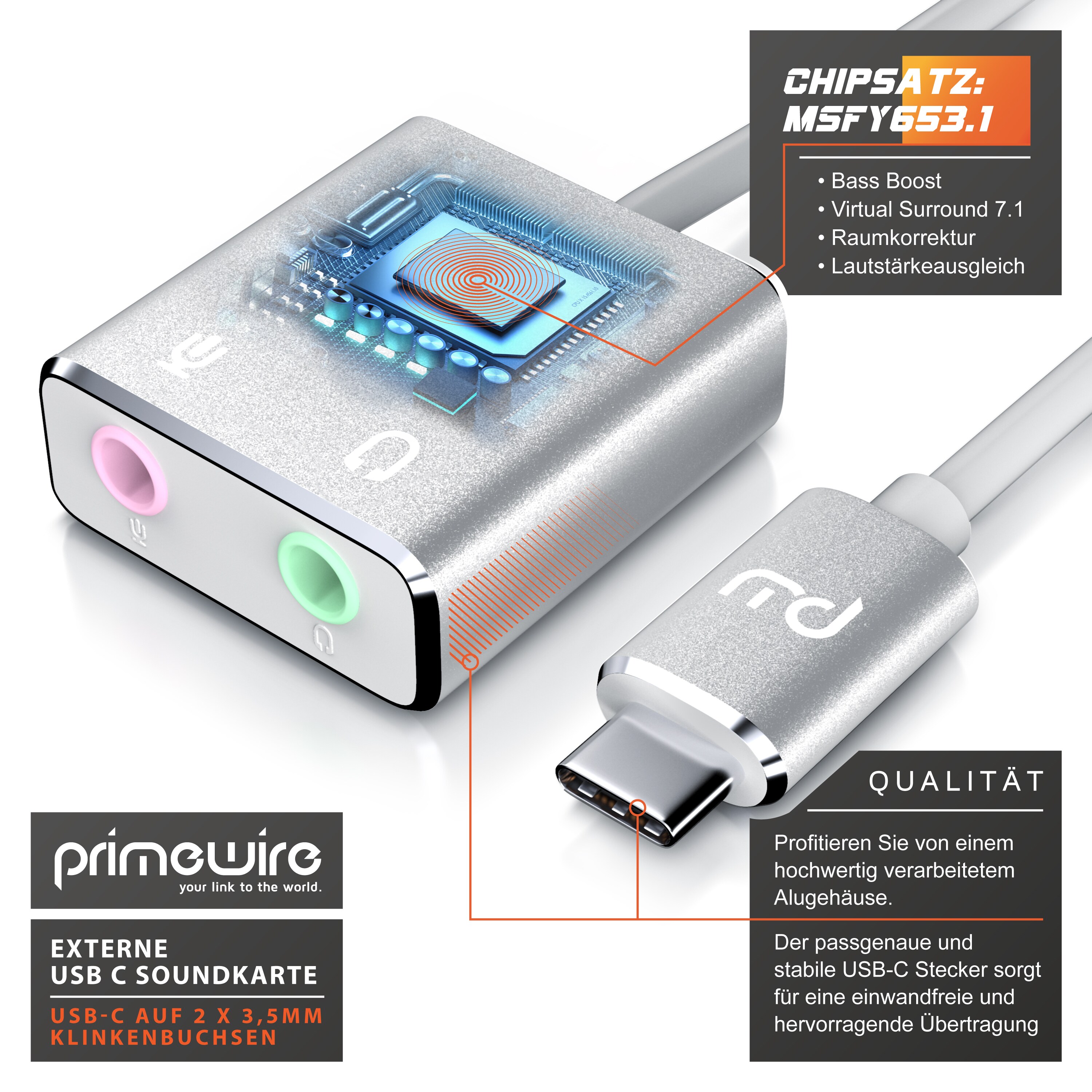 Primewire Externe Soundkarte USB C, USB Typ C auf Klinke 3,5mm, Kopfhörer Adapter, Audio zu USB Adapter, DAC, kompatibel mit Samsung, Huawei UVM.