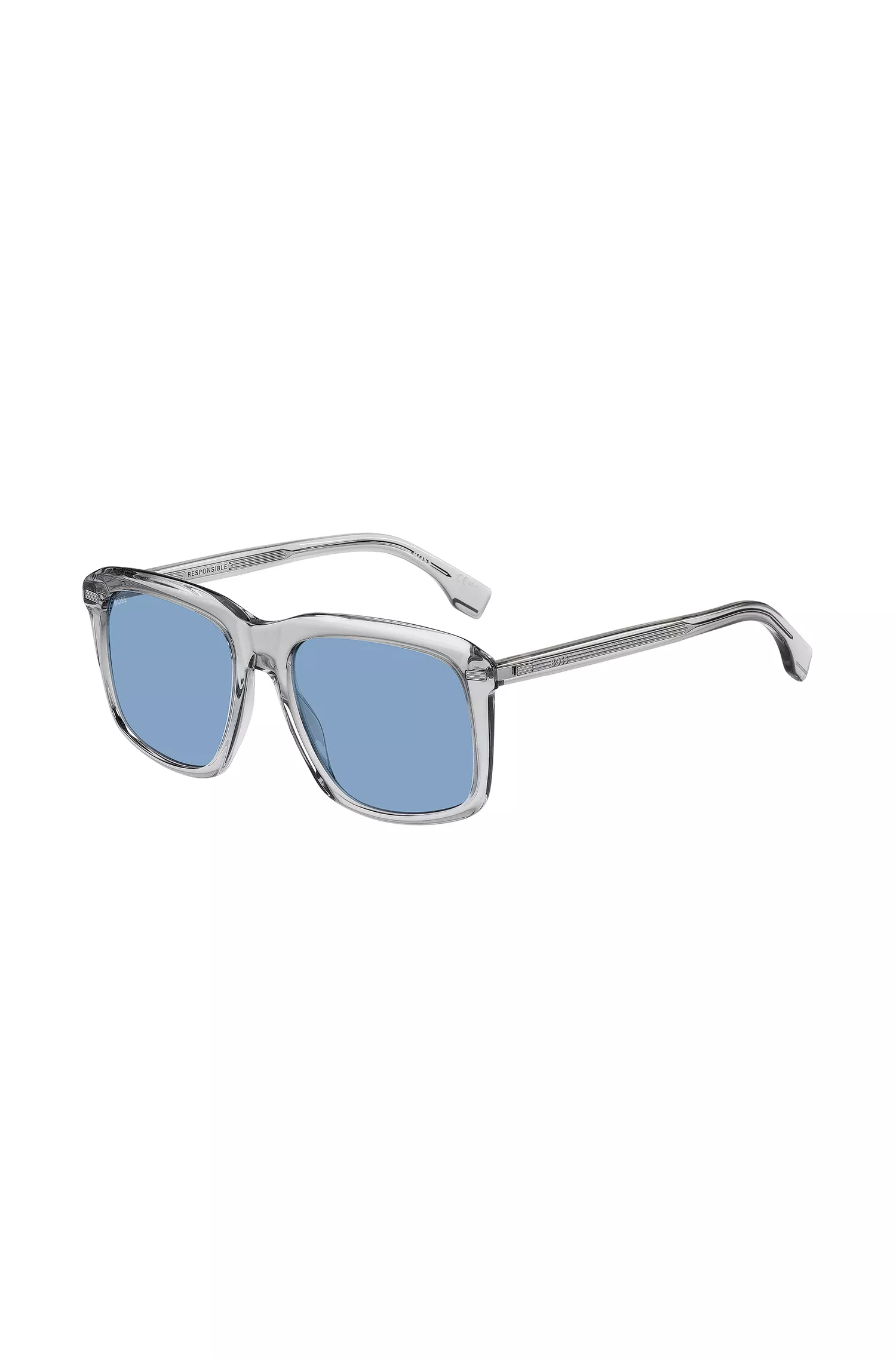 Óculos de sol BOSS em acetato preto transparente com lentes azuis.