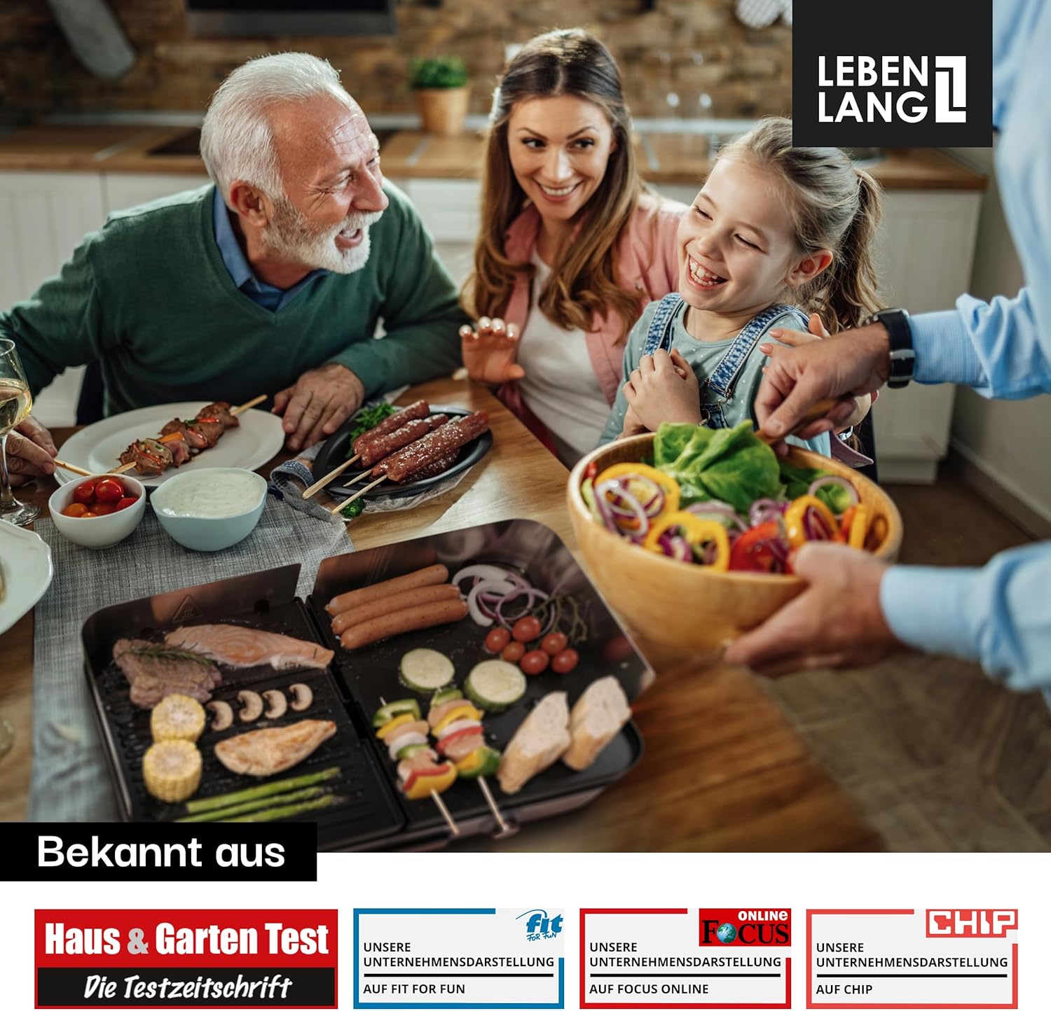 LEBENLANG Elektrogrill Tischgrill elektrisch - Inkl. Grillzange & Spritzschutz I 2400W Für Drinnen & Draußen I Gril Elektro Grill für Balkon Tisch I Elektrischer Plattengrill Indoor Grills Indoorgrill