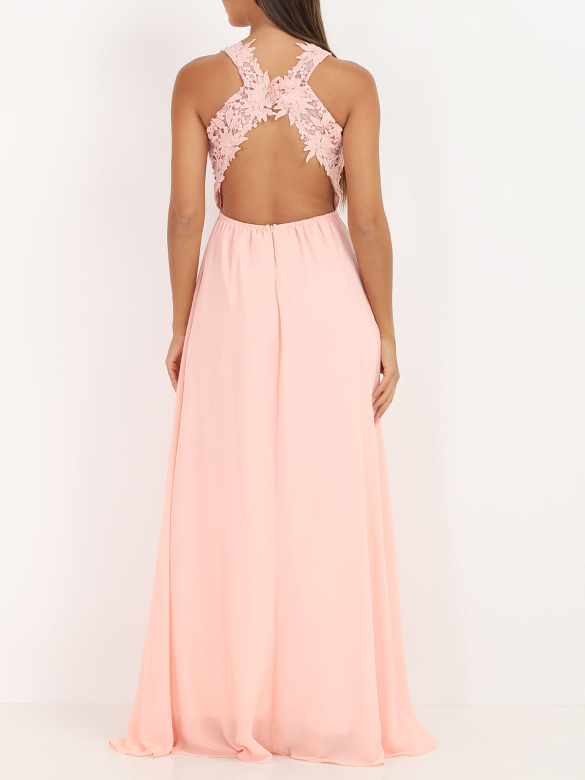 Robe longue à broderies fleuries- Rose