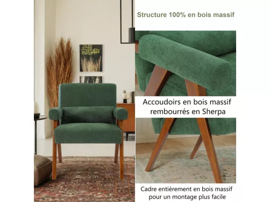 Fauteuil en Sherpa Vert - pieds en bois massif - avec accoudoirs rembourrés - charge max 125kg - 73x68x83cm