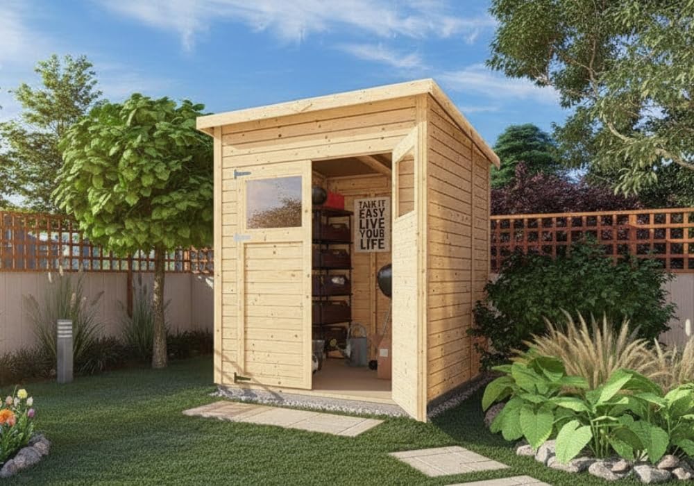 Alpholz Gerätehaus Mollie 197x193 cm Fichtenholz 14 mm Wandstärke Pultdach Gerätehaus mit Montagematerial