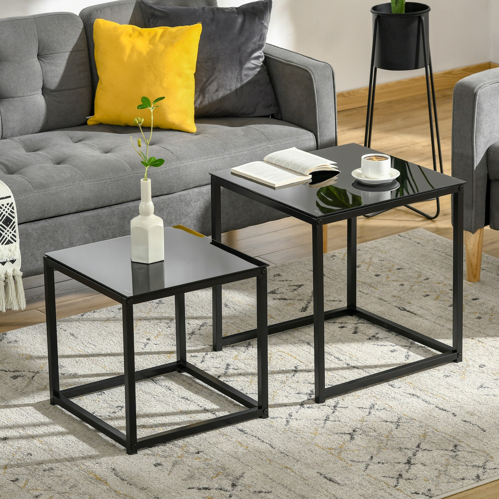 HOMCOM Couchtisch-Set mit Glastischplatte schwarz 50L x 50B x 52H cm