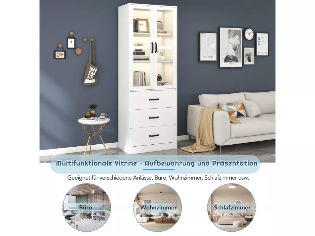 Vitrine avec 3 tiroirs et 2 portes vitrées - LEDs - Bois en MDF - laqué blanc - 60 x 40 x 200 cm