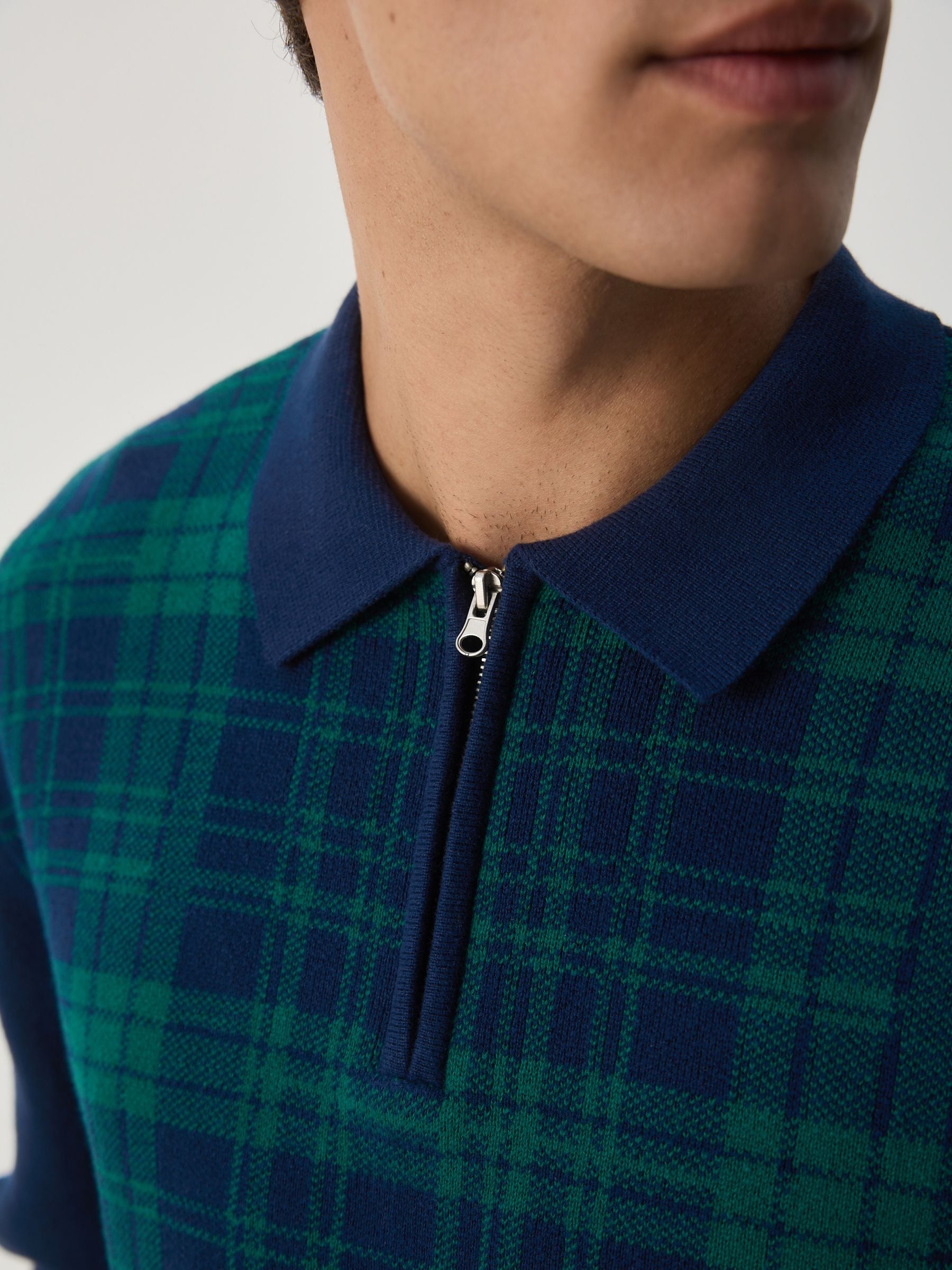 Blauw/Groen - Regular Fit Long Sleeve Knitted Check Quarter Zip Polo Shirt