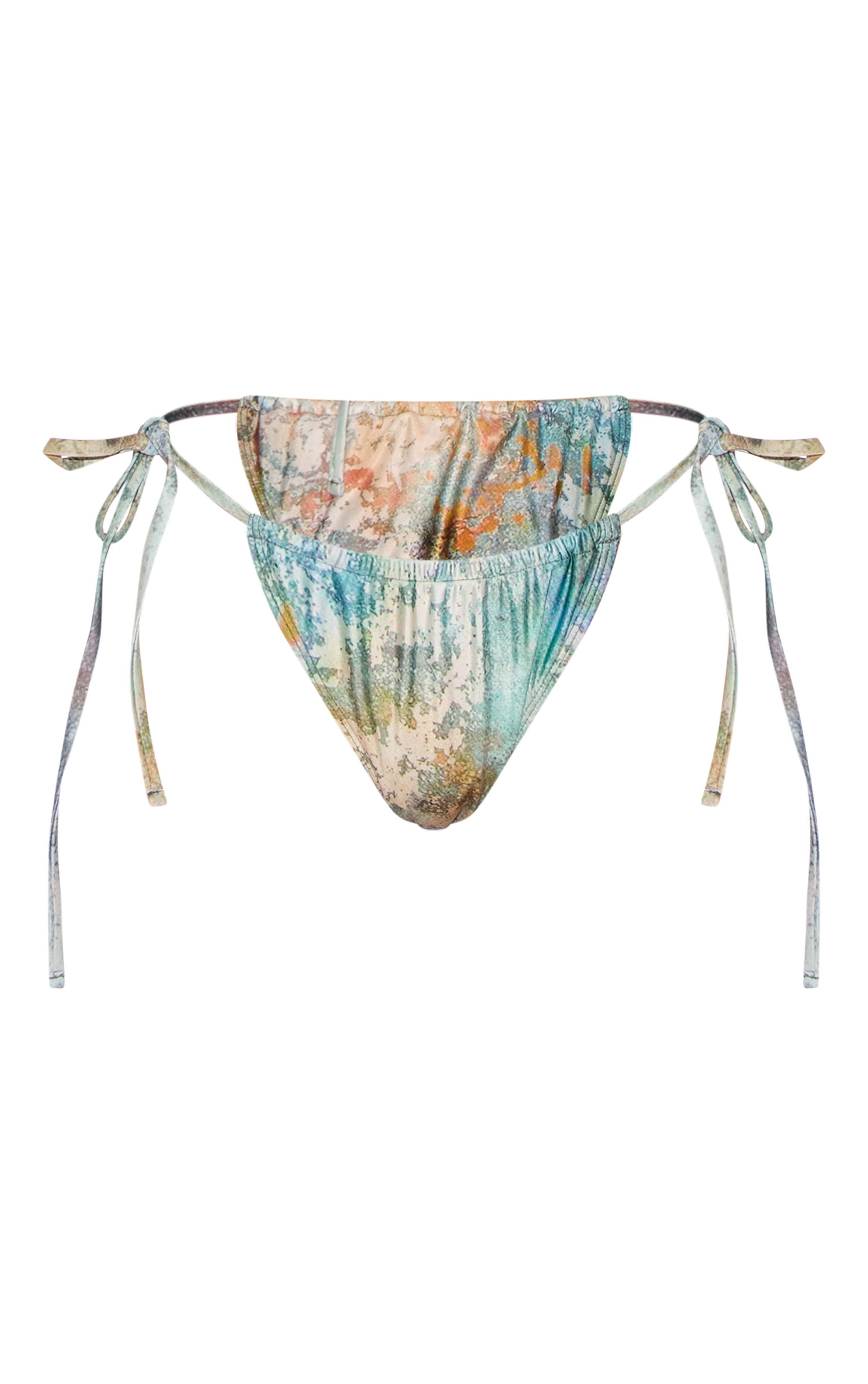 Vert Bas De Bikini À Nouettes Latérales Imprimé Marbré