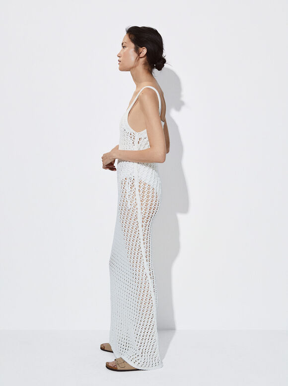 Vestido longo de tricô - Branco-creme