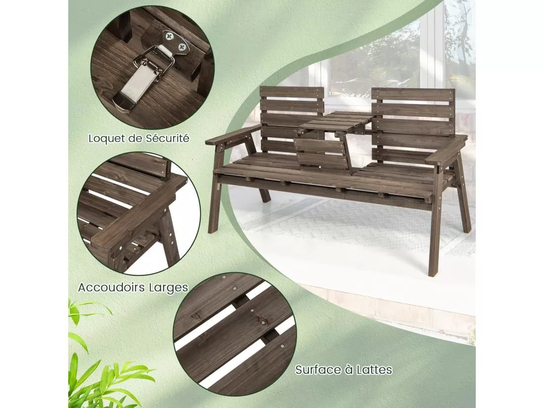 Banc de Jardin en Bois Massif, Banc d'Extérieur à 2 Places avec Table Centrale Pliable, Siège à Lattes pour Parc, Porche, Cour, Charge 320 KG, 160 x 64 x 86 CM (L x l x H), Brun