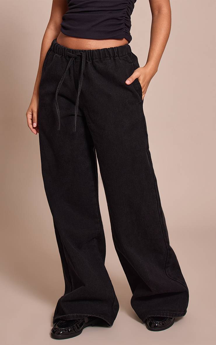Noir Jean Large Taille Haute Élastiquée Avec Lien En Denim Petite
