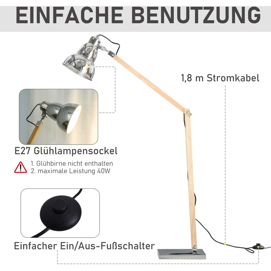 HOMCOM Stehlampe mit verstellbarem Schirm natur, silber