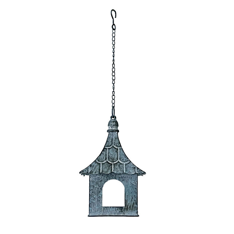 Suspension mangeoire oiseaux fer patiné bleu 18x18x57cm