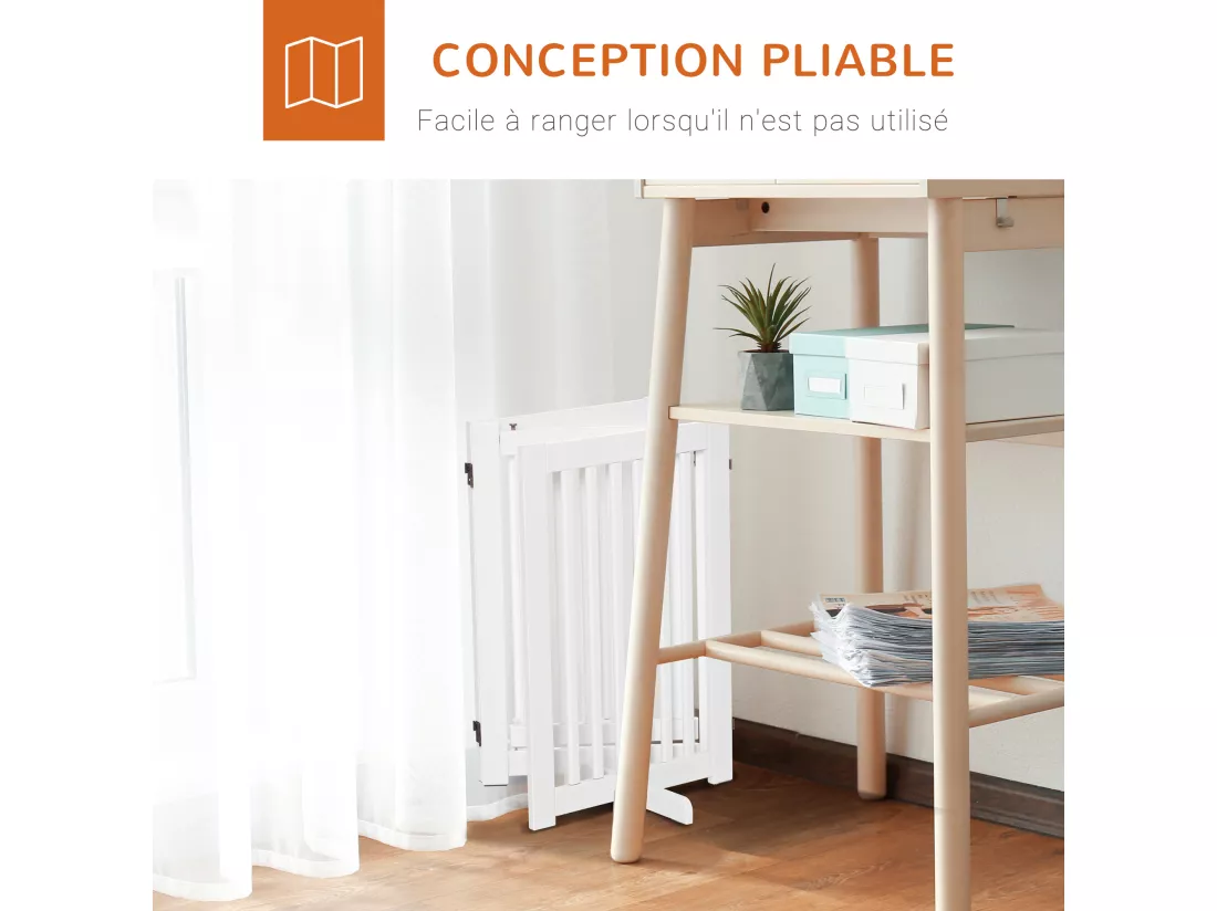 Barrière modulable pliable barrière de sécurité avec porte verrouillable intégrée dim. 155L x 35l x 76H cm MDF blanc