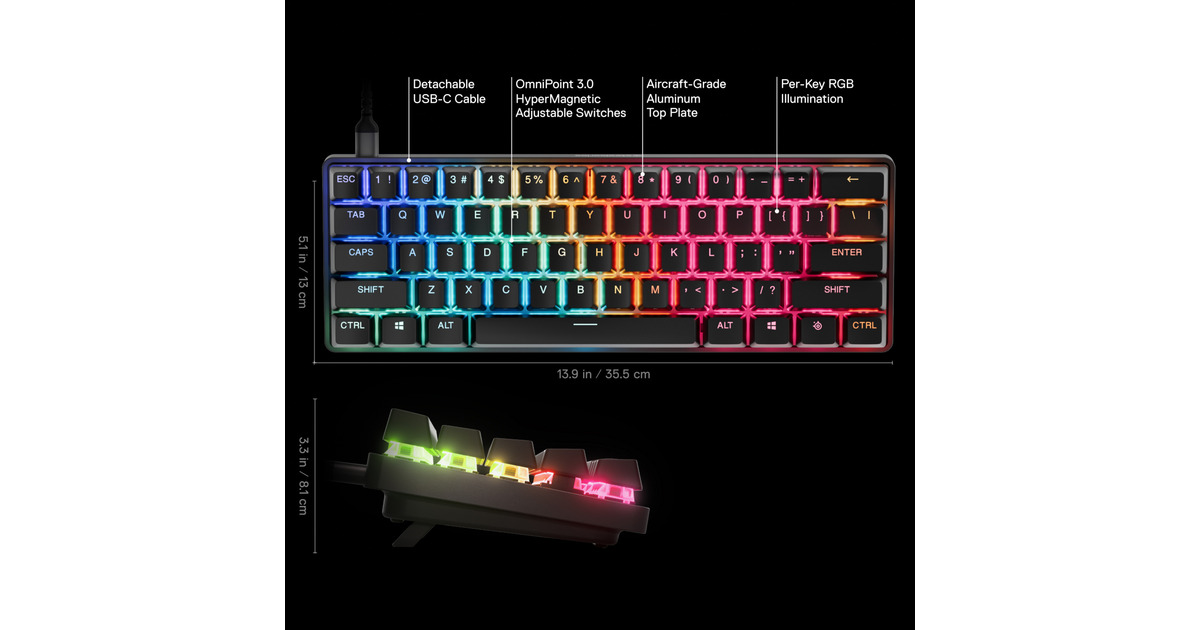 SteelSeriesApex Pro Mini Gen 3, gaming toetsenbord  (Zwart, US lay-out, SteelSeries OmniPoint 3.0, 60%, RGB leds, Double Shot PBT Keycaps)