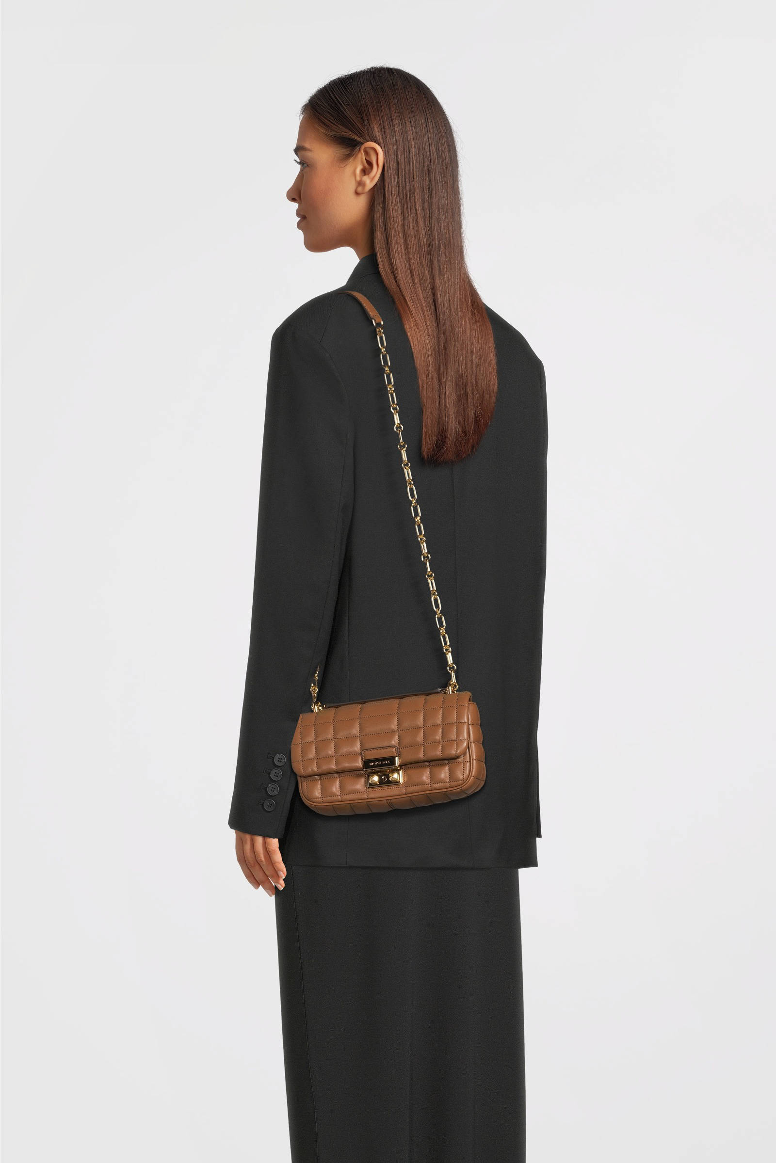 Michael Kors leren doorgestikte crossbody tas Tribeca cognac