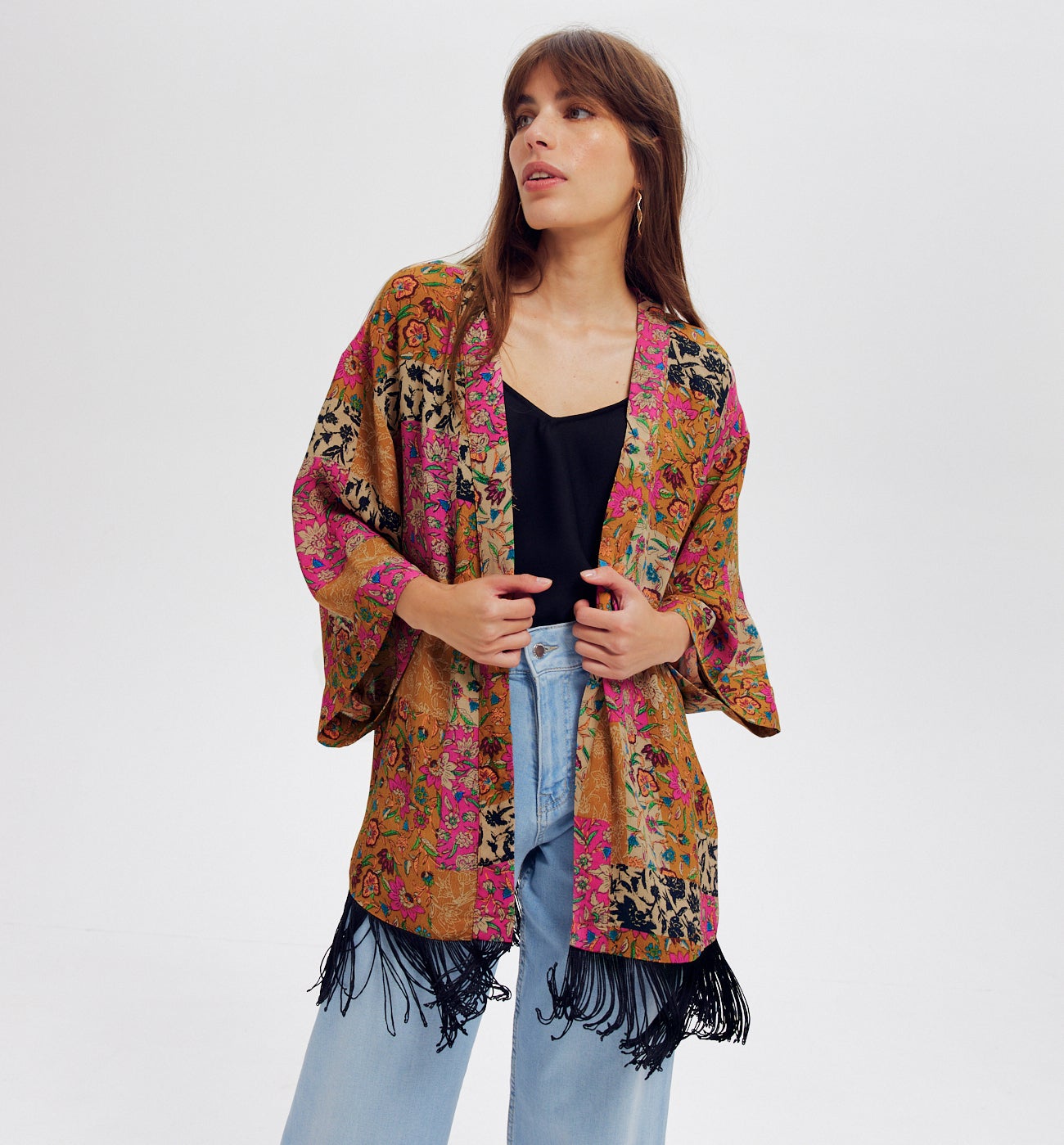 Kimono court à franges - Imprimé multicolore