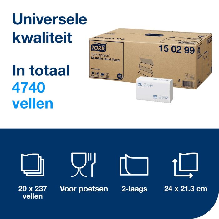 Tork Handdoek 150299 Tork H2 Xpress Multifold Universal 2-lgs wit 21x24 cm ds à 4740 stuks (150299)